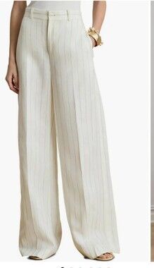Lauren Ralph Lauren 100% Silk Wide Leg Pinstripe Trousers 14 Cream Luxury